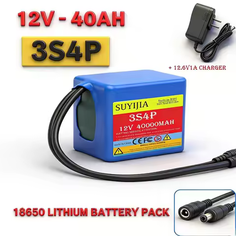 3S4P 12V 20Ah-50Ah 18650 Lithium Ion Battery Pack with BMS + Charger Super Large Capacity Rechargeab