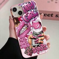 Y2K Baddie Graffiti Phone Case, Lips & Dollar Bill Print, Fashionable Protective Case, Pink Aestheti