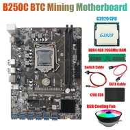 B250C Miner Motherboard+G3920 CPU+RGB Fan+DDR4 4GB RAM+128G SSD+Switch Cable+SATA Cable 12XPCIE to USB3.0 GPU Card Slot