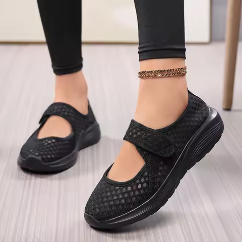Solid Color Women's Shoes, Summer Large Mesh Women's Shoes, Hollow Breathable Slip-On Shoes, Slip-On