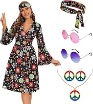 Hippie Costume Dress 60s 70s Hippie Costume Women Halloween Retro Dresses Outfit Set for Halloween Cosplay Party