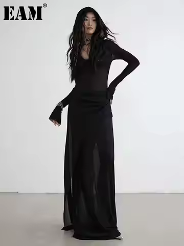 [EAM] Women Black Thin Perspective Long Elegant Knitting Dress New Hooded Long Sleeve Fashion Tide S