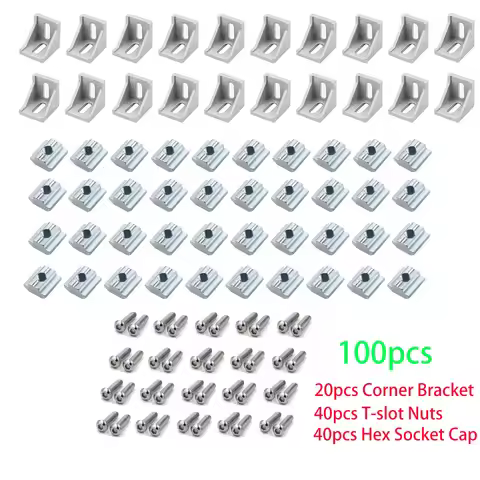 100pcs 2020 Aluminum Profile Connector Set 20pcs Corner Bracket + 40pcs 20 Series M5 T-slot Nuts + 4