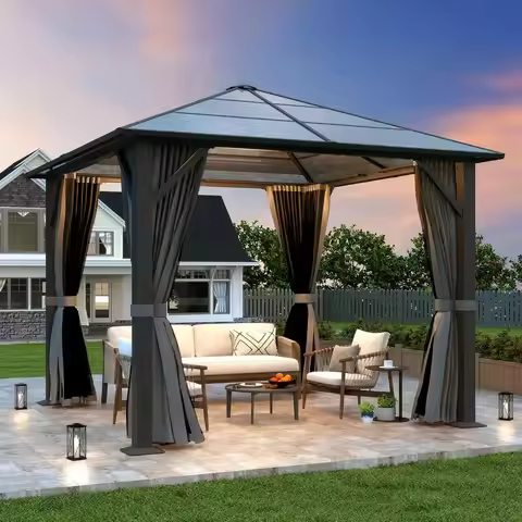 10x10 Hardtop Gazebo with Poly Roof and Steel Frame, Outdoor Pavilion with Gray Curtains and Netting