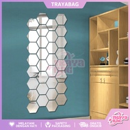 HIASAN DINDING Cool Hexagonal Mirror 12pcs E416 Hexagonal Glass Small Size Wall Decoration Wallpaper Sticker Mirror Import Real Pict