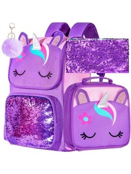 Mochila de unicornio de 3PCS para niñas, mochila de lentejuelas de 15" con caja de almuerzo, bolsa escolar para niños de primaria y preescolar