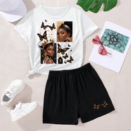 Teen Girl Butterfly And Character Print Short Sleeve Casual T-Shirt And Shorts Set สำหรับฤดูร้อน