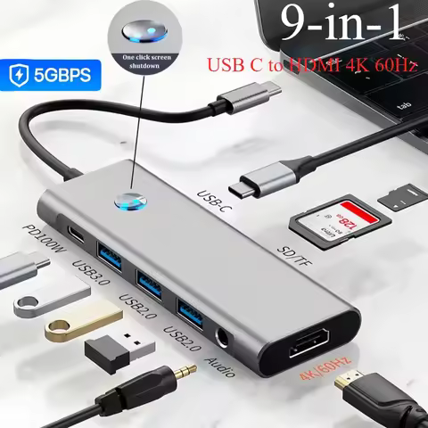 USB 3.0 Hub to HDMI 4K 60Hz Docking Station Splitter 9-In-1 Type C Hub USB-A PD 100W SD TF 3.5mm Ada