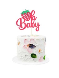 1入組草莓蛋糕插旗，紅色閃粉草莓蛋糕裝飾，適用於甜美水果主題生日派對用品