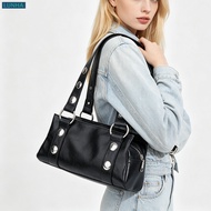 Y2K Studded Boston Bag Punk Underarm Purse Retro PU Leather Wide Strap Rectangular Zip Shoulder Hand