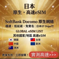 (高速神卡) 日本 eSIM 5G 原生卡 SoftBank Docomo 真正超高速網絡 實測速度達660Mbps! (另有 韓國 台灣 中國 越南 泰國 eSIM) e-sim
