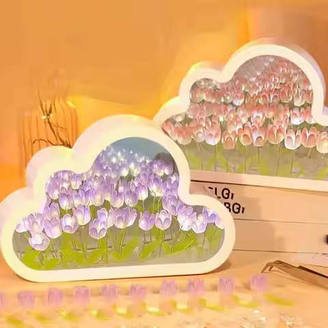 DIY Cloud Mirror Tulip Lamp Night Light Girl Bedroom Ornaments Photo Frame Handmade Glass Bedside Sl