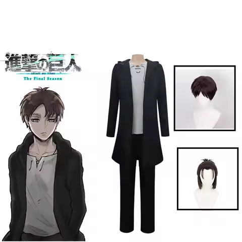 Eren Jaeger Cosplay Costume Anime Titan Costume Wig Cosplay Eren Yeager Black Hooded Trench T-shirt 