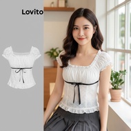(trendy3)Lovito Cute Blouse Plain Eyelet Embroidery Tie Front Colorblock Blouse for Women L177AD890