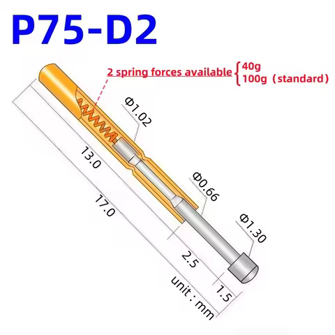 20/100PCS Spring Test Probe P75-D2 Test Pin P75-D Nickel-Plated Round Head Dia 1.30mm Pogo Pin PCB T
