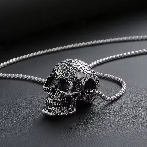 Silver Color Skull Punk Pendant Personality Retro Hip Hop Style Necklace Men\'s Rock Bike Accessorie