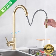 Quyanre Brushed Gold Kitchen Faucet Pull Out Kitchen Sink Water Tap Single Handle Mixer Tap 360