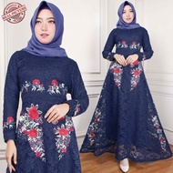 Baju Muslim / Gamis Brukat / Dress Muslim Motif Bunga Naomi Navy