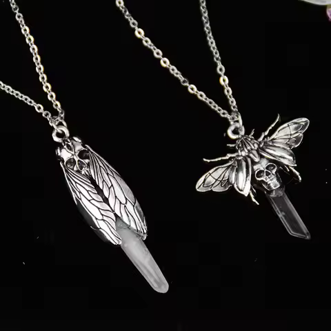 Gothic Death Skull Moth Cicada with Quartz Pendant Necklace Animal Occult Jewerly for gift
