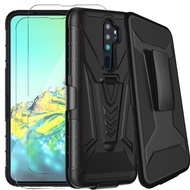 Oppo A9 A5 2020 A12 A7 A5S F9 A53 A31 2020 A52 A72 Reno 4F Rugged Armor Belt Clip Holster Shockproof Kickstand Case Cover With 2 pcs Glass Screen Protector Film