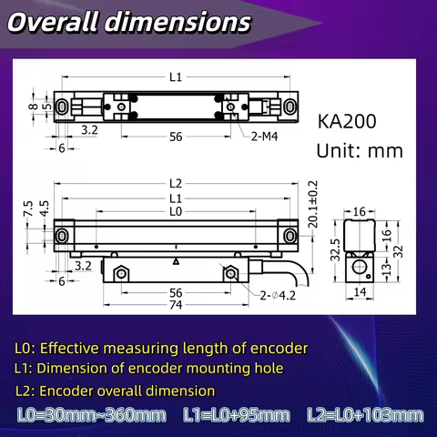 Sino KA-200 1um Slim DRO Linear Scale 16x16mm Thin Optical Encoder Line 0.001mm TTL 30-360mm for CNC