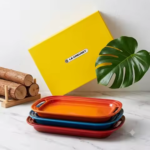 Le Creuset 12.4 Inch Stoneware Platter With Handles Ceramic Serving Tray Rectangular Dinner Plate In