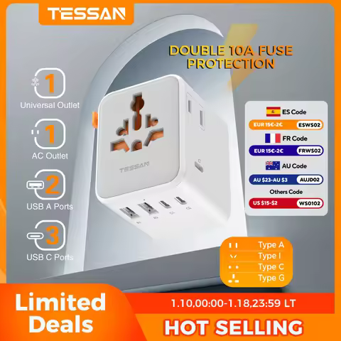 TESSAN 65W GaN Universal International Plug Adapter with AC Outlet USB Type C 100W 140W 28W 20W Trav