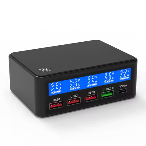 AIXXCO USB Quick Charger 50W 5-Port LED Display Quick Charge 3.0 Fast Charger Desktop Charging Stati