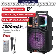 Avcrowns CH-833 Wireless 8 inch Speaker Box Super Bass With RGB Light Outdoor Bluetooth USB Karaoke Radio