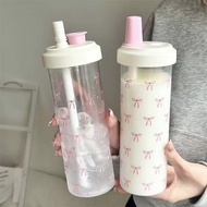 500/700ML Pink Bow Straw Water Bottle With Lid Cute Coffee Bubble Milk Tea Plastic Cup For Outdoor S