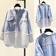 NEW Kemeja Matt Denim Kombinasi Katun salur Import Premium Lengan Panjang/Kemeja Jeans Denim Wanita/