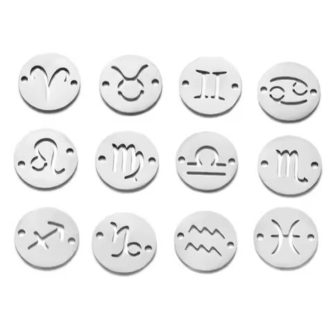 12Pcs Mixed Zodiac Charms 12mm Mirror Polish Zodiac Signs with Two Holes Stainless Steel Twelve Cons