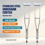 Stainless Steel Underarm Crutches Height Adjustable Anti-Slip Axillary Crutch Pair for Adult Walking