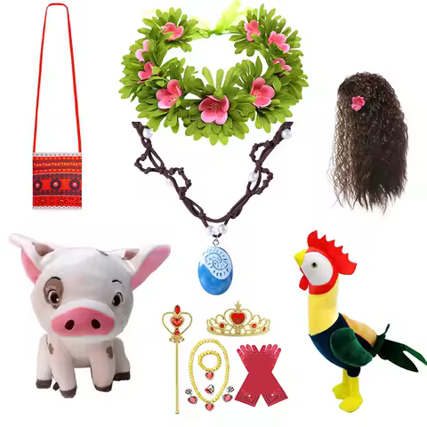 Gilrs Princess Moana Wig and Necklace Flower Clip Dress Up Set Halloween Vaiana Costume Accessories 
