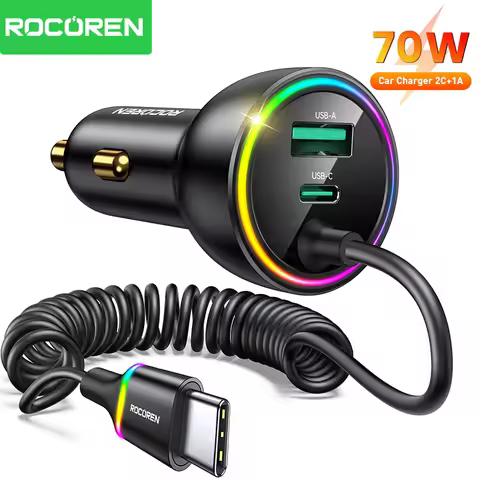 Rocoren 70W USB Car Charger Fast Charge PD 35W USB C Car Charger with Spring Charging Cable Type C C