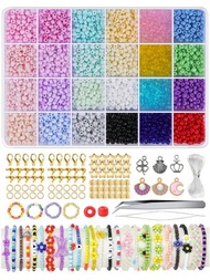 1套4mm純色彩虹玻璃種子珠，適用於手鐲和項鍊製作，包含24種小珠子，製作珠寶首飾的工具箱與儲物盒，工具和透明彈性線