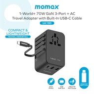 MOMAX Universal Travel Adapter International Power Plug Adapter with 1 USB C (PD 70W) 2 USB A Ports