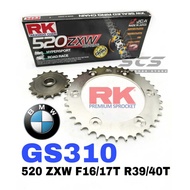 RK Sprocket Set BMW G310R G310GS 520 ZXW W-Ring Blue Chain Gold Chain Rantai Wring Motor G310 GS310 