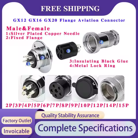 5/10 Sets GX12 GX16 GX20 Flange Aviation Connector 2/3/4/5/6/7/8/9/10/12/14/15 PIN Waterproof Male&F