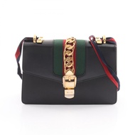【二手】Gucci Sylvie 小號 Web Line 單肩包 421882 黑色皮革 Sylvie 單肩包 女士二手 B