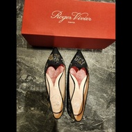 Roger Vivier RV 正品 情人節限定款 黑色刺繡愛心尖頭平底鞋 38碼(近全新/專櫃購回)