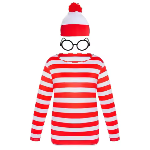 Wheres Striped Kids Boys Wally Costume Shirt Glasses Hat Christmas Halloween Disguise Where's Waldo 