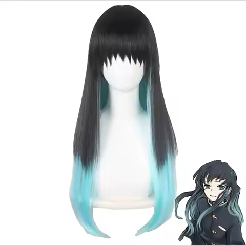 Anime Muichiro Tokito Cosplay Synthetic Wig 30-Inch Long Straight Hair Black And Blue Gradient Heat-