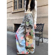 American Retro Cartoon Pattern Grunge Style Wide-Leg Jeans for Women