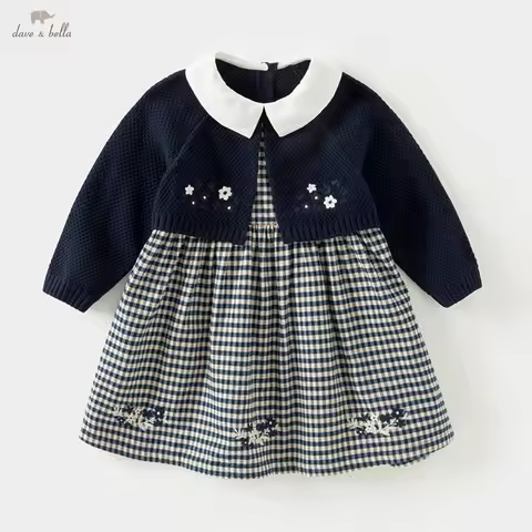 Dave Bella Girls' Sweater Dress Gentle Cute Children 's Plaid Fake Two Piece Baby Long Sleeve Dress 
