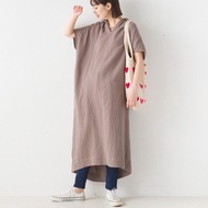 日本 OMNES - 100%印度棉 二重紗V領短袖洋裝-摩卡