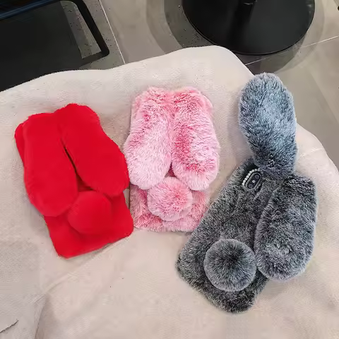 Bunny Fur Phone Case For Xiaomi Redmi 10C 10A 12C 11A A2 A1 Note 12 Rabbit Plush Cases for Mi 12T 13