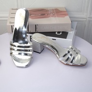 Dép/Guốc cao gót vuông 5p bọc kim tuyến quai trong phối dây bóng 3 dây ngang G34