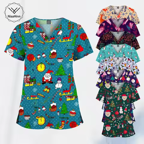 Wholesale Printed Nursing Scrubs Christmas Uniforms V-neck Short Sleeved Fashionable Nursing Uniform