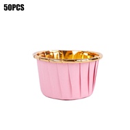 [Warm Homie] 50Pcs Gold Cupcake กระดาษถ้วยเบเกอรี่มัฟฟินกรณีถ้วยอลูมิเนียมฟอยล์ Liner เค้ก Wrapper Pastry เครื่องมืองานแต่งงานวันเกิด Party Supplies